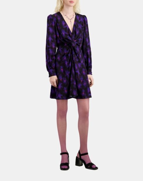 Robe courte fleurie avec drapé noire, rose clair et bleue