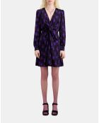 Robe courte fleurie avec drapé noire, rose clair et bleue