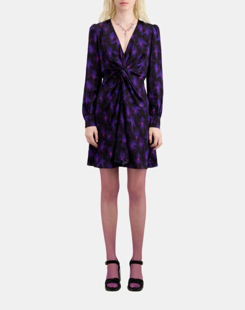 Robe courte fleurie avec drapé noire, rose clair et bleue