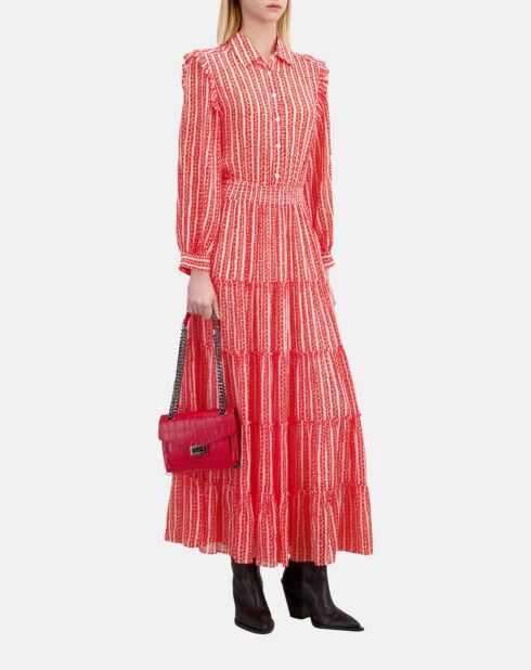 Robe longue imprimée avec volants rouge et blanche