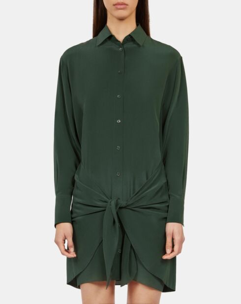 Robe chemise courte en soie avec nœud kaki