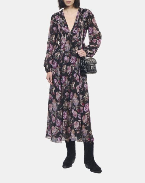 Robe longue imprimé fleuri noire et violette
