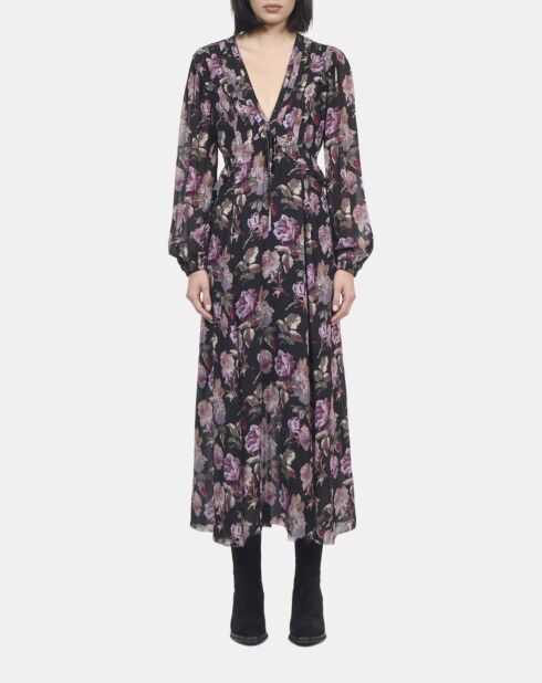 Robe longue imprimé fleuri noire et violette