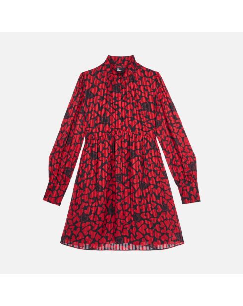 Robe courte  plissée imprimé cœurs noire et rouge