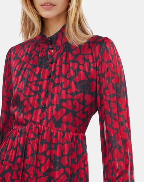 Robe courte  plissée imprimé cœurs noire et rouge
