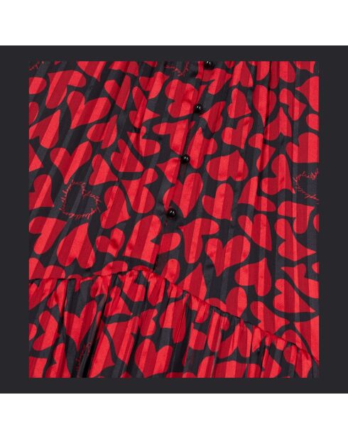Robe courte  plissée imprimé cœurs noire et rouge