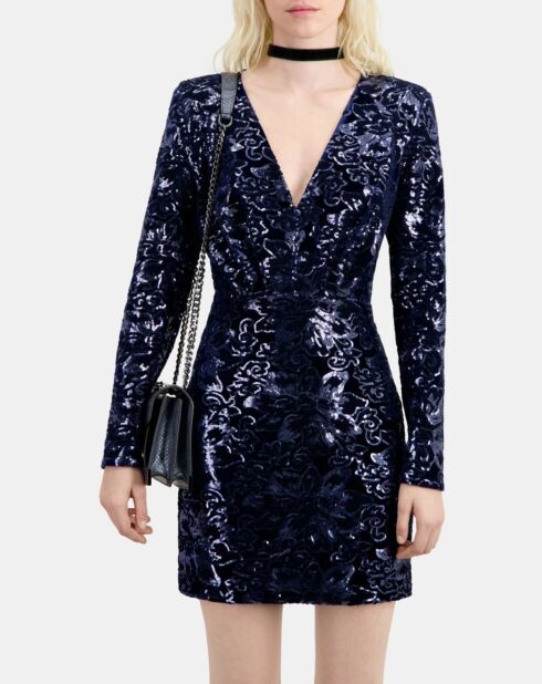 Robe courte en velours avec sequins bleu marine