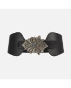 Ceinture large en cuir avec boucle fleur noire