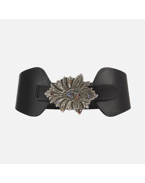 Ceinture large en cuir avec boucle fleur noire
