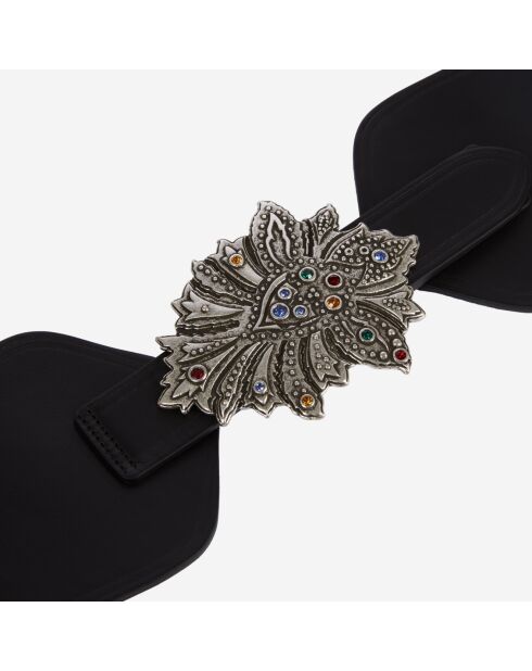 Ceinture large en cuir avec boucle fleur noire