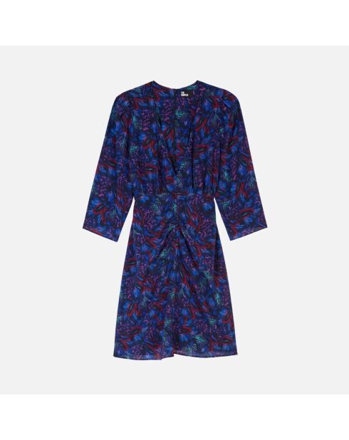 Robe courte imprimée en soie avec fronces bleu/rouge