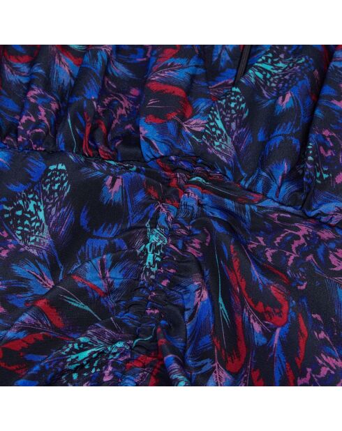 Robe courte imprimée en soie avec fronces bleu/rouge