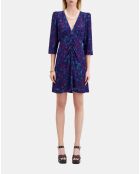 Robe courte imprimée en soie avec fronces bleu/rouge