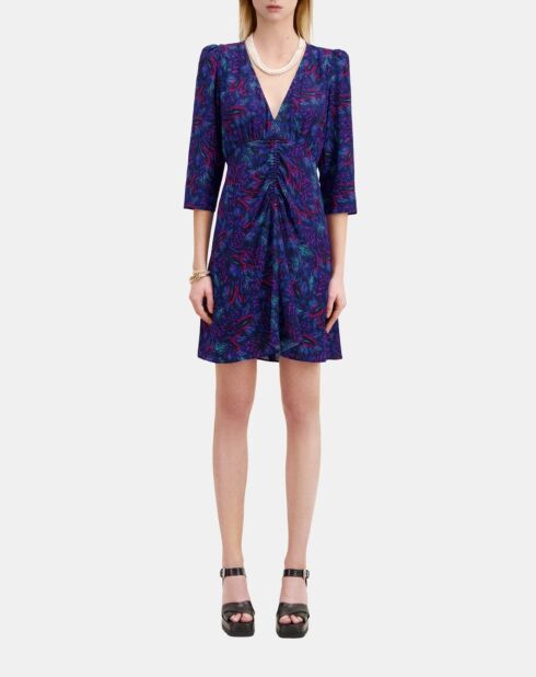 Robe courte imprimée en soie avec fronces bleu/rouge