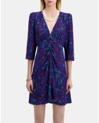 Robe courte imprimée en soie avec fronces bleu/rouge