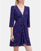 Robe courte imprimée en soie avec fronces bleu/rouge