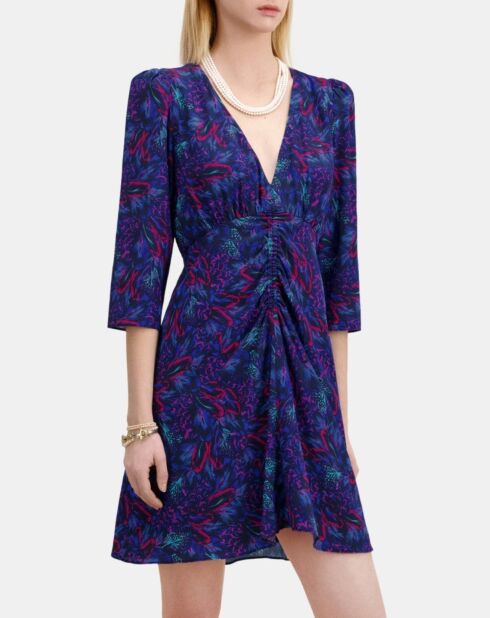 Robe courte imprimée en soie avec fronces bleu/rouge