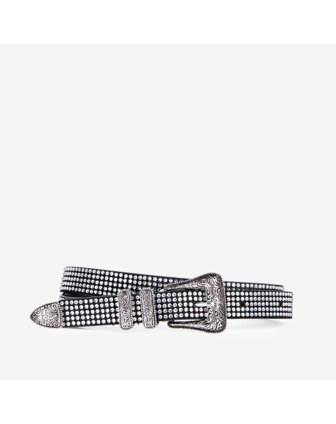 Ceinture fine en cuir avec strass et boucle Western argent antique