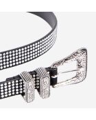 Ceinture fine en cuir avec strass et boucle Western argent antique