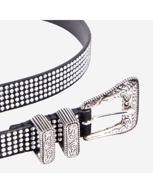 Ceinture fine en cuir avec strass et boucle Western argent antique