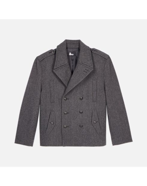 Caban court en laine mélangée chevron noir et gris