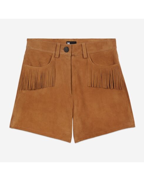 Short en cuir avec franges camel