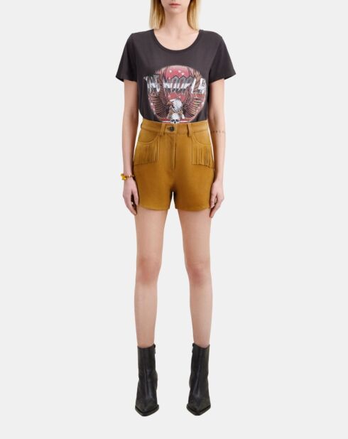 Short en cuir avec franges camel