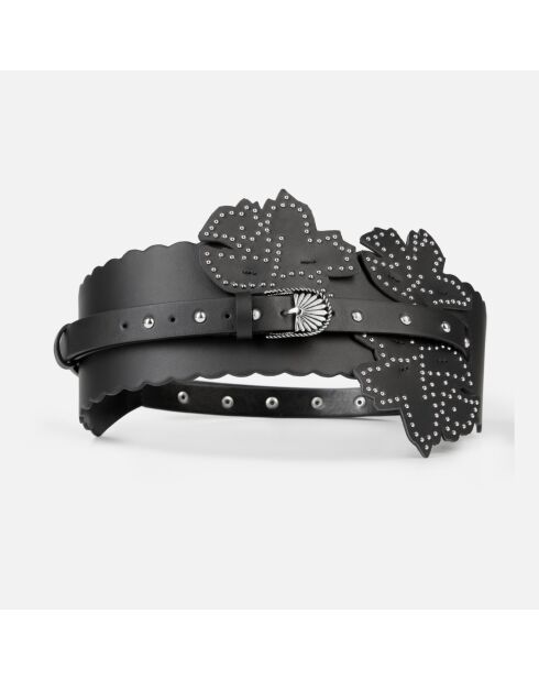 Ceinture large en cuir avec empiècements fleurs noire