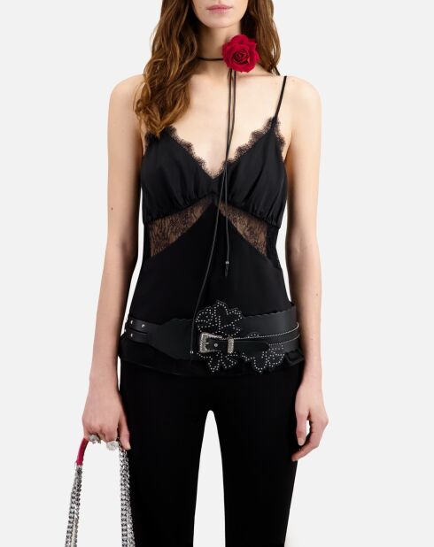 Ceinture large en cuir avec empiècements fleurs noire