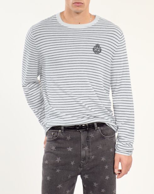 Pull Blason à rayures en laine et cachemire blanc et bleu