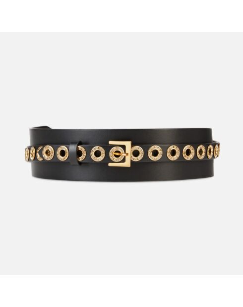 Ceinture large en cuir avec œillets et strass noire