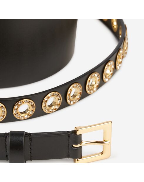 Ceinture large en cuir avec œillets et strass noire