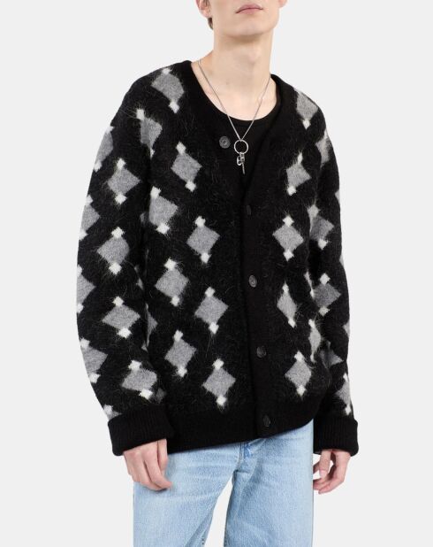 Cardigan à losanges noir et gris et blanc