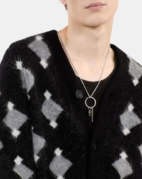 Cardigan à losanges noir et gris et blanc