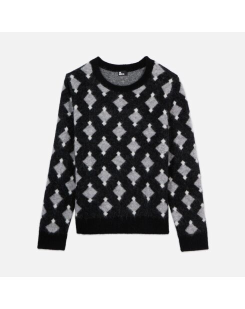 Pull à losanges en laine et alpaga noir et gris et blanc