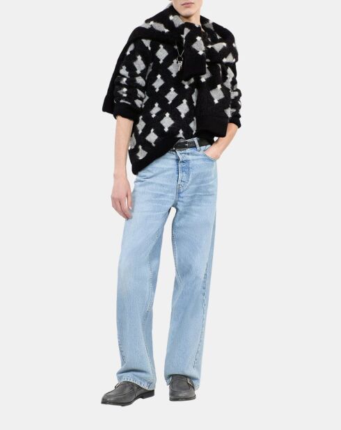 Pull à losanges en laine et alpaga noir et gris et blanc