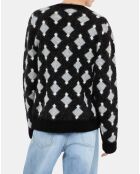 Pull à losanges en laine et alpaga noir et gris et blanc