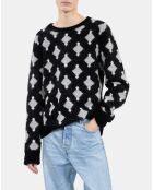Pull à losanges en laine et alpaga noir et gris et blanc