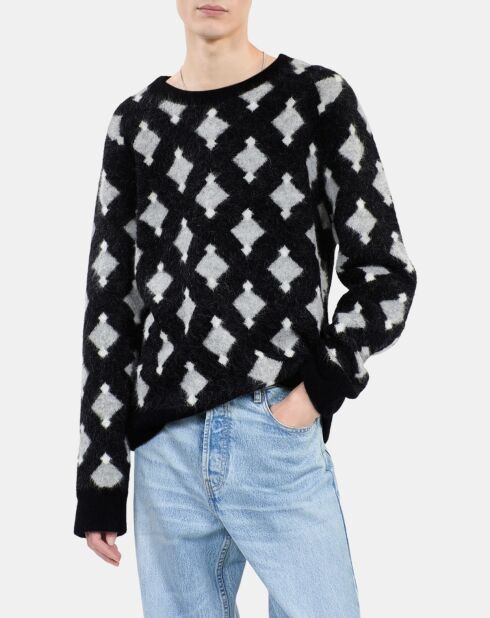 Pull à losanges en laine et alpaga noir et gris et blanc