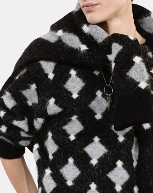 Pull à losanges en laine et alpaga noir et gris et blanc