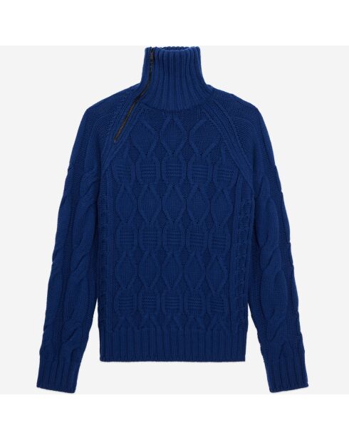 Pull en laine torsadée avec zip bleu