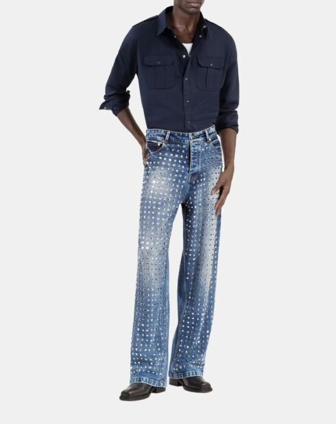 Jean clouté large bleu décoloré