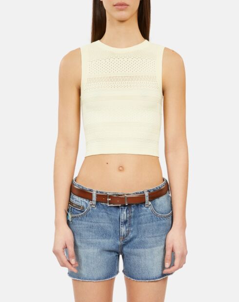 Top court en maille ajourée jaune