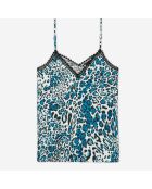 Caraco en soie imprimé avec détails en dentelle bleu et blanc