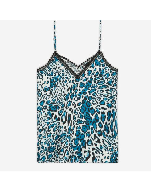 Caraco en soie imprimé avec détails en dentelle bleu et blanc