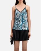 Caraco en soie imprimé avec détails en dentelle bleu et blanc