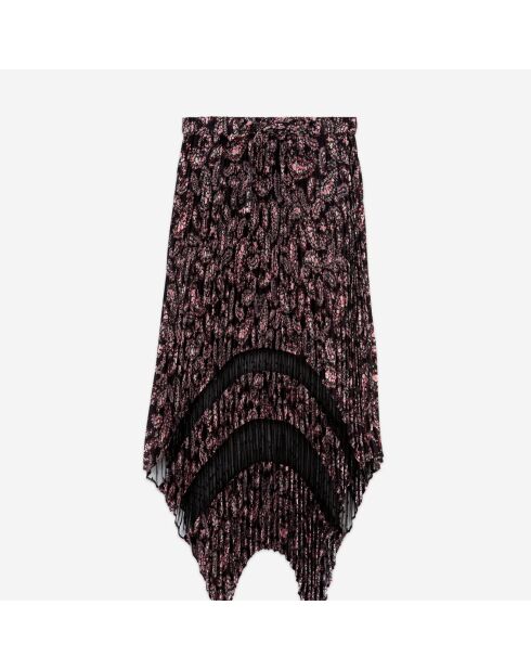 Jupe longue plissée imprimée noire et rose