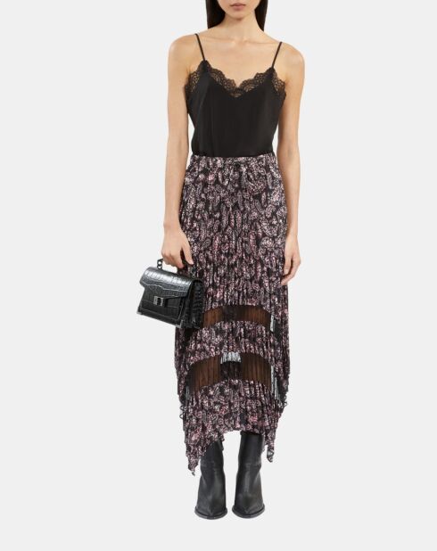 Jupe longue plissée imprimée noire et rose