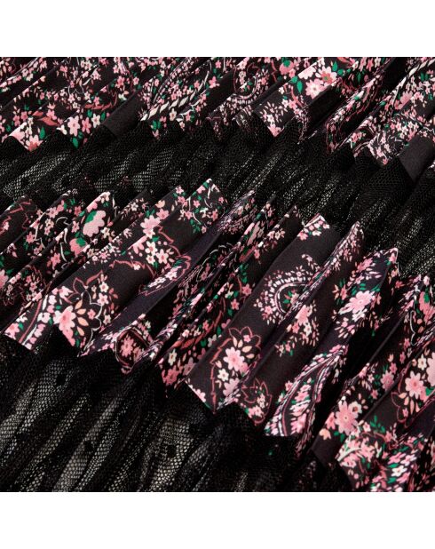 Jupe longue plissée imprimée noire et rose
