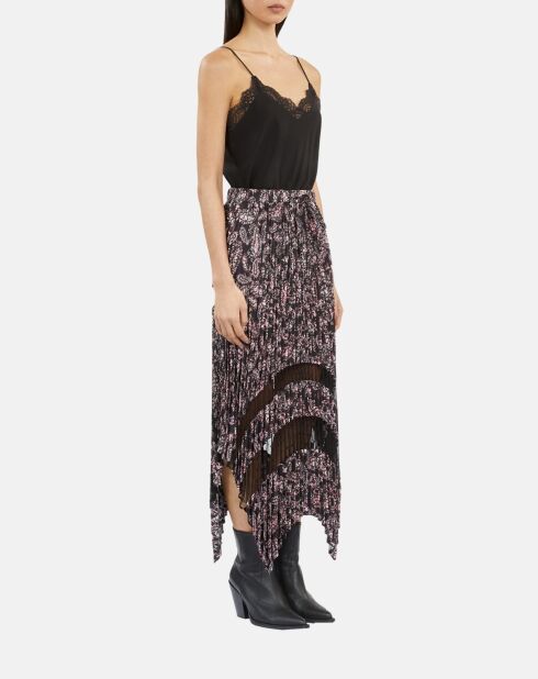 Jupe longue plissée imprimée noire et rose